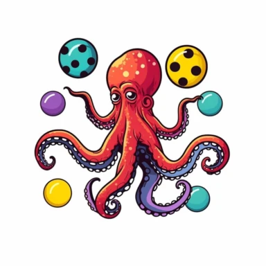 logo of an octopus, throwing balls above his head, up high, in the air, juggling, colorful, clip art