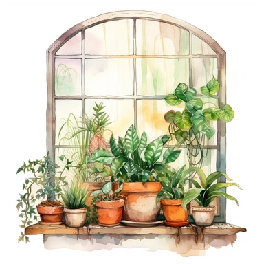 home plants standing front of a big boho style window with watercolor effect,suitable for digital clipart,white background,greenery plants,home style plants