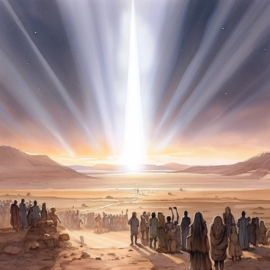 A beam of light guiding many Israelites through the desert at night, clipart, watercolour