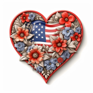 realistic illustration, heart clipart with floral decoration, with colors of the united states flag, july 24th, high definition embedded details, white background,