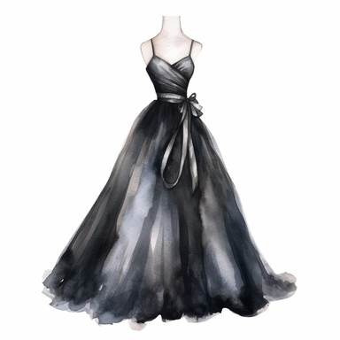 Watercolor black elegant party dress drawing, illustration clipart, high detailed, white background, digital art