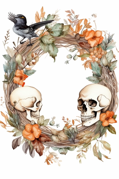 Halloween clipart, Bone Delicate watercolor illustration, White background, Cozy, clear picture, 8k, hd, isolatee on a white background, Wreath, Frame Clip Art