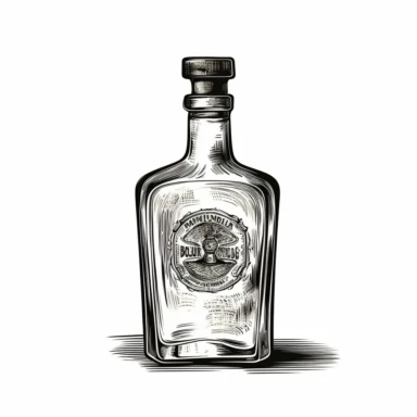 liquor bottle, old school vintage illustration style, pen and ink, hand drawn, clipart, isolated on white background