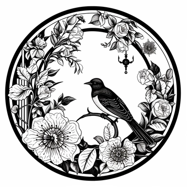 Left aligned, bottom aligned, quarter of a circle, art nouveau style, black lines, detailed, flat design, flat flowers and bird, white background, clipart style, black and white,