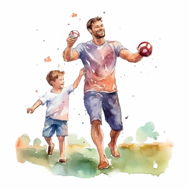A father and son playing catch with a baseball or football, Watercolor, Clipart, transparent background PNG