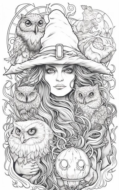 Coloring cartoon page for adult,witch clipart 6 witches, owl, in the style of reimagined by Dr. Seus, mystic mechanisms, illusory images, witchcore, lith printing ,clear and clean line art, white background