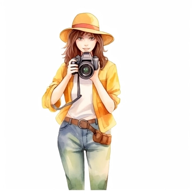Cute adventurest female photographer with a camera, Cute and sunny outfit, Watercolor style, clipart solid white background