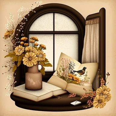 Bookworm cozy reading corner, flowers, window, brown and cream color, clipart