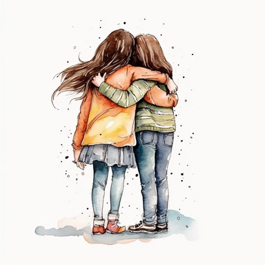 illustration, watercolor, best friend hug clipart, black outline, white background