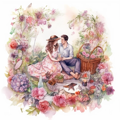 watercolor, hyper realistic, white background, white margins, 16k, ultra detailed clipart, cut out image, hand-drawn, whimsical a couple sharing a romantic picnic in a lush garden, surrounded by blooming flowers and a wicker basket filled with treats. soft shades of pink, purple, and green