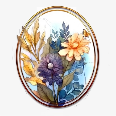 alcohol ink wild flower clipart, in an oval shape arrangement, gold trim, spring, boho