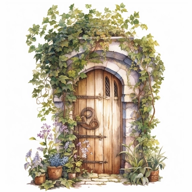 watercolor, hyper realistic, white background, white margins, 16k, ultra detailed clipart, cut out image, hand-drawn a wooden door covered in vibrant flowers, with climbing vines and blossoms surrounding it, creating a magical entrance to a secret garden.