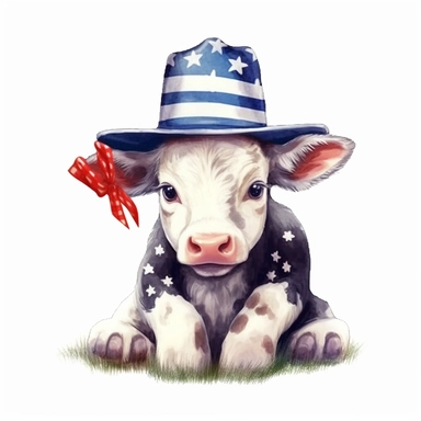 american flag day, watercolour clipart, beautiful cute calf cow wearing americam hat sitting in grass, cute, happy, realistic, cte