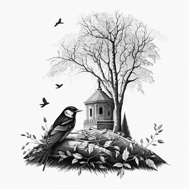 There are bones under the birch tree, and a bird is paving a nest in the crown, it seems to be forever-amazing-it seems: I myself am lying here-people are being saved from anger in the village churchyard, he, like a cherished grove, surprises the soul with calmness. Black and white clipart