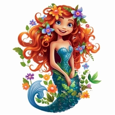 A beautiful smiling mermaid, highly detailed, long hair, beautiful flowers and coral, highly detailed tail, full body image, pixar style, clipart
