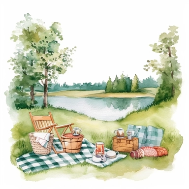 watercolour Gingham summer landscape clipart, white background, no text
