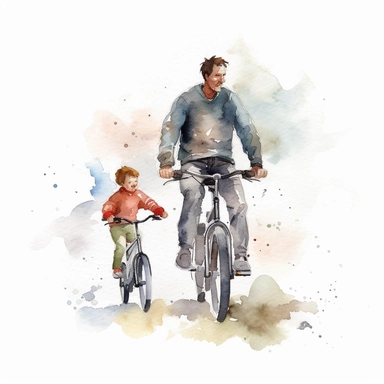 fathers day, water colour clipart, father and son, cycling onthe road, white background
