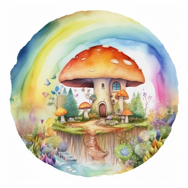 rainbow fantasy watercolour mushroom house in nature scene, inside a circle border, white background, clipart