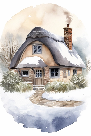 a watercolor clipart on a white background of a charming cottage covered in a blanket of snow, nestled in a winter wonderland. The cottage should have a thatched roof, stone walls, and a chimney with smoke coming out