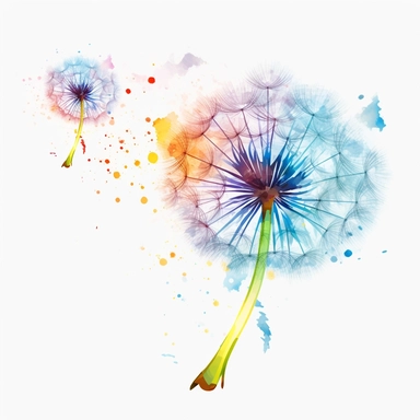 full head watercolor dandelion being blown in wind with colored flecks in the white background. Clipart