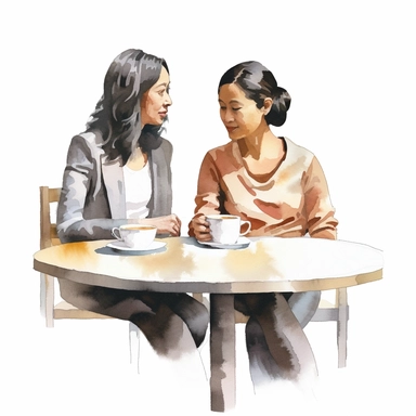 illustration clipart of Asian african american woman and her Asian Mother sitting at a cafe table having coffee, hyperrealistic, white background
