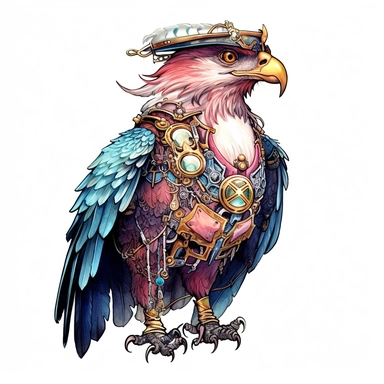 An eagle in sweet steampunk style, water color style, pinks, oranges, blues, teal, and liquid gold, watercolor illustrations, narrative clarity, photo-realistic drawings, detail-oriented, white background, transparent background, clean and elegant, sinister beauty, very detailed, victorian-inspired illustrations, watercolor illustration clipart, watercolor clipart, serge Marshhennikov, victor nizovtsev, i can't believe how beautiful this is