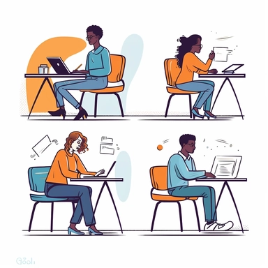 On a clean, white background, visualize a young student engaged in different forms of workplace learning. The scene is divided into three parts, each representing a different form of internship - workplace-based learning (APL), work experience (prao), and apprenticeship. The student is seen actively participating in each setting, indicating the practical aspect of their education. The style should be clipart-like, with clear lines and bright colors to emphasize the learning environment. The imag