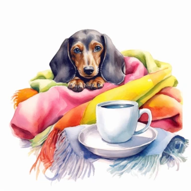 Dachshund curled up cozily on a fluffy blanket, surrounded by colorful pillows and a warm cup of tea, capturing the comfort and relaxation of a lazy afternoon, white background, watercolor clipart.