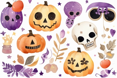 halloween clipart and stickers with skulls, pumpkins, leaves and hearts, in the style of aquarellist, playful use of texture, animated gifs, cute and quirky, candycore, light brown and purple, commission for