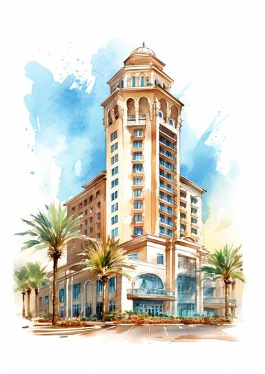 ultra detailed watercolor summer hotel, isolated on white background, realistic, clipart