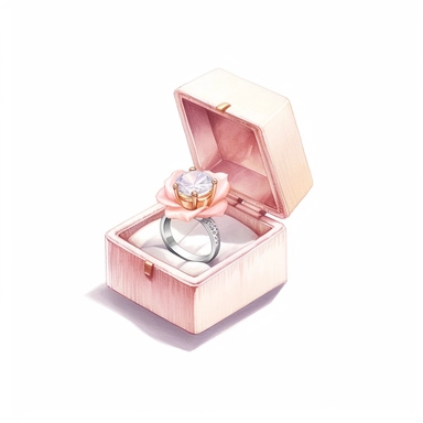 Shiny white diamond bridal ring inside rose embellished baby pink vintage and rose decorated box, in a feminine style popular on Etsy, isolated on a white background, high resolution, highly detailed, watercolor clipart illustration, soft pastel color theme, baby pink, 8k UHD isolated image on white background, hyper - realistic high resolution,