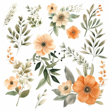 peach and olive Floral Clipart - Watercolor Floral Clipart - floral- Floral Clipart - peach and dark olive- Premade Clipart - Wedding Clipart