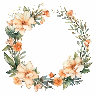 watercolor clipart of a empty suttle dainty floral round frame surrounded by peach color flowers and cream color flowers. Capture the essence of blooming beauty and intricate details in your artwork, white background