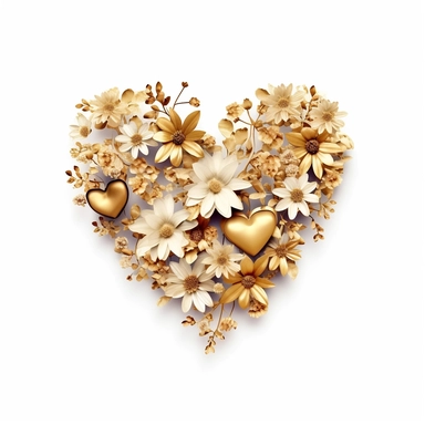 a thin gold heart shape with the outside covered with some minimalist flowers, clipart on white background