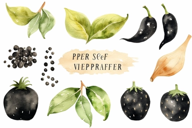 watercolor Black pepper vegetable clipart, flat style, no volume, few details, washed out, minimalistic style, very lose details, very light colors, transparent colors, light airy hues and pastel tones, spaced out, white background, washed out colors and paint, hand-painted watercolor, watercolor spray, watercolor splash, splatters and paint smudges on top of each Black pepper, watercolor paper with visible rough paper texture, a variety of watercolor brushes, do not cross workspace borders, rou