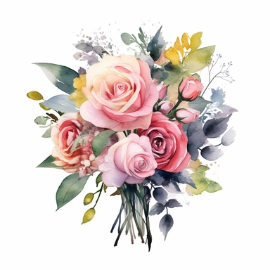 watercolor painted bouquet of mixed colored roses clipart, Flower Border clipart, Minimalist Flower Bouquet clipart, mixed colored roses Clipart roses painting formal glamour elegant style wedding floral bouquet, wedding clipart include babys breath flowers in the bouquet 4