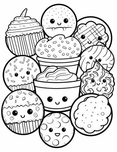 Cookie Craze: An assortment of kawaii cookies in various shapes and flavors, like chocolate chip, sugar, and oatmeal For Simple Coloring page,line art, thick lines, black and white,clipart, illustration, on white background,margin Page 10px