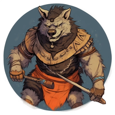 A circular tondo depicting a Dungeons & Dragons character grizzled vicious gnoll with kangaroo features, dressed as an armored Regency barbarian, Craig Mullins Ashley Wood Bernard Buffet Josh Kirby, Mad Max Lord of the Rings Discworld, handpainted punk zine indie retrowave, clipart illustration, circular solid background
