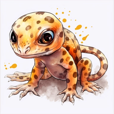 watercolor, Tribal & Boho Forest Animals a leopard gecko big eye kawaii png Full body realistic cartoon in 32K UHD cute. 15 cm thick outline. Black color. There was no shadow on the ground. 8k with realistic watercolors and detailed illustrations. PNG clipart, transparent white background