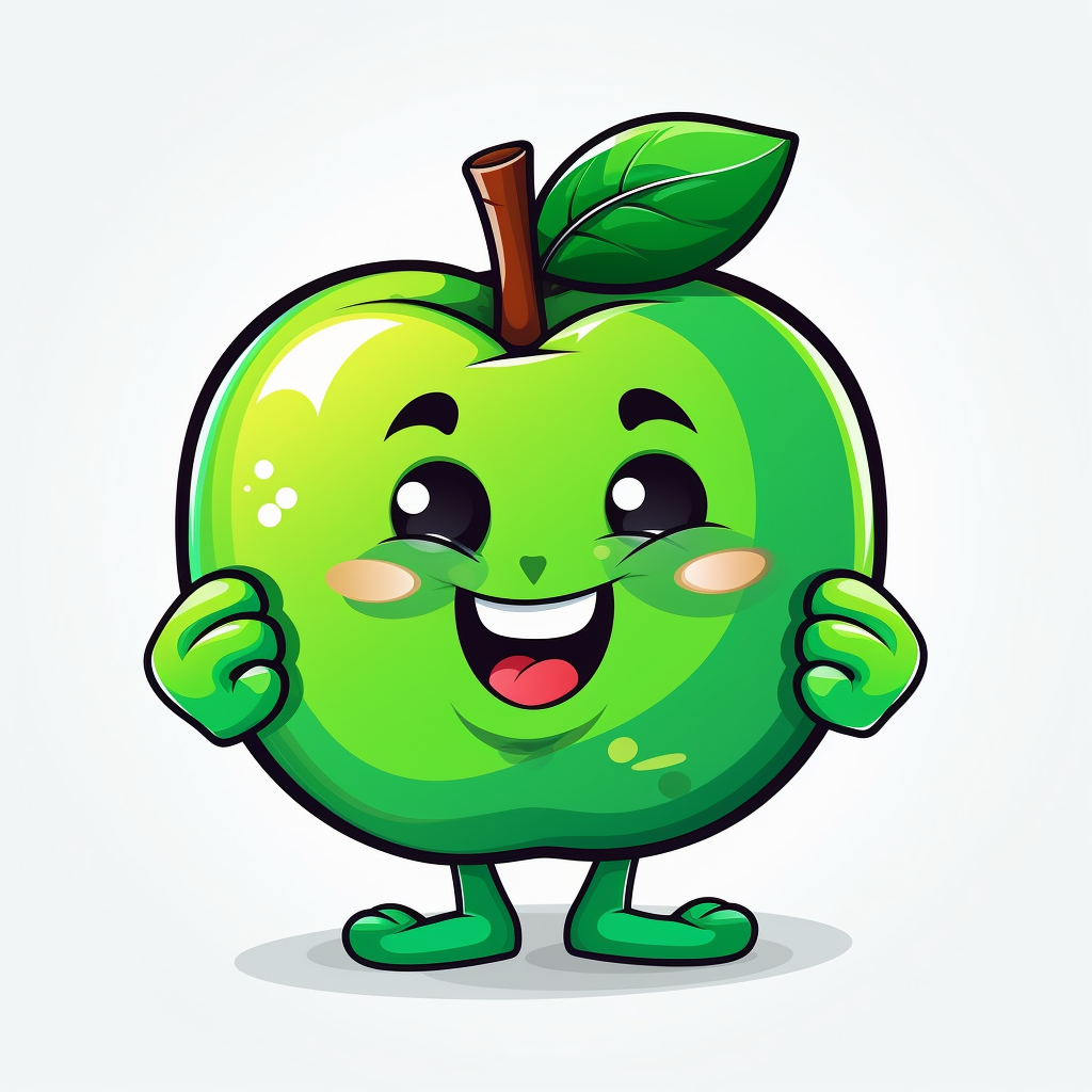 digital sticker, cute apple mascot character, strong use of color, cartoon clipart, vector, white background