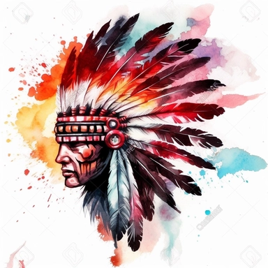 Watercolour native American Headdress clipart red colours no face HD on a white background high resolution