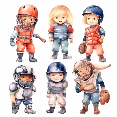 Watercolor cute little baseball catchers, illustrations clipart set, simple, christmas colors , cartoon elements ,different variants , separate elements with a margin, 4k, high resolution