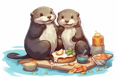 Illustrate an adorable anime-style vector clipart of otters sharing a delicious meal of fish, with their paws holding the food and their eyes filled with satisfaction. Viewed from a content perspective, HD, spaced out, on white background