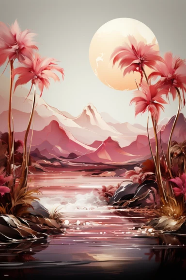 beautiful gorgeous clip art, alcohol ink and watercolor, pink and gold serene, nabulous, nature scene with a central focus on a palm tree, gentle wave, minimalist style, crystals, glam, glossy, glitter texture, liquid ink clipart, modern and stylish design, bright colors, 300 dpi, clear decoration, clear white background, highly detailed digital art, 8k