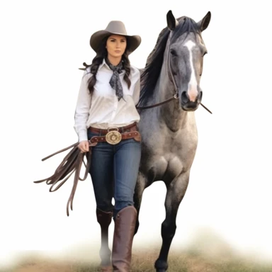 Horse and cowgirl, watercolor, clip art, full body, horse whose coat features shades of white, gray and black, rustic cowgirl with black hair and wearing a black hat and scarf, she is holding a lasso
