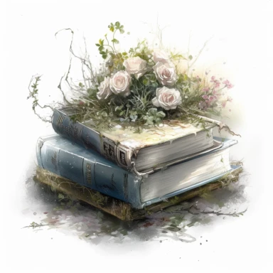 isolated on white illustration watercolor art of a white books, overgrown with white and light pink roses and flowers, covered with snow and ice, a lot of moss and branches, masterpiece by Tomasz Alen Kopera style and by Carl Holsoe style and by Hannah Dale style and by Alexander Jansson style, Baroque Architecture, PNG clipart, isolated on white, white background, extreme photorealistic details, 32k HD resolution, realistic high detailization high resolution
