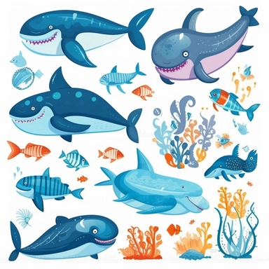 ocean animals clipart with marine animals, dolphins and sharks, in the style of toyen, aquamarine, scrapbook, foampunk, furaffinity, colourful