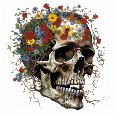 Develop a clipart image that portrays a human skull enveloped in a vibrant tapestry of intertwining flowers, dead leaves and tree branches reflecting Enki Bilal's artistic sensibilities. The flowers should weave in and out of the skull's eye sockets, nose, and mouth, suggesting a seamless connection between life and death. Use a white background to emphasize the rich watercolor hues and the intricate floral patterns.