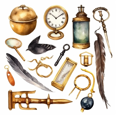 watercolour Collection of golden vintage accessories and antique objects. Old keys, clock, loupe, compass, ink feather pen, scissors, glasses isolated on white background. Clip art