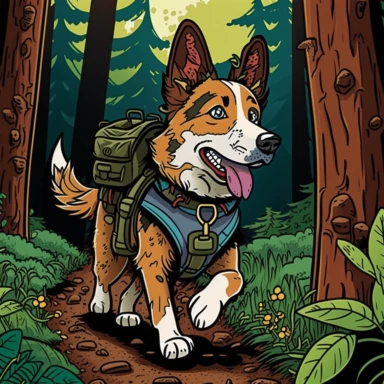 A clipart illustration of a dog wearing a backpack and hiking through a forest trail. The dog's facial expression reflects excitement and determination, as it explores the natural surroundings. The dog is wearing hiking boots, a bandana, and a harness for the backpack.